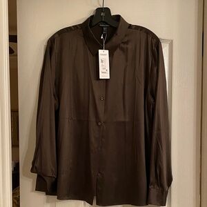 Eileen Fisher Dark Brown Satin Button-Front Blouse